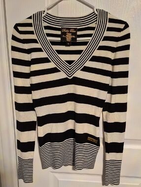 Baby Phat Black & White Striped V-Neck Sweater